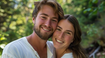 Obraz premium Smiling couple in a sunny outdoor setting symbolizing love and happiness