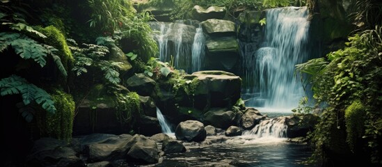 Close up of decorated waterfall in the garden. Creative banner. Copyspace image