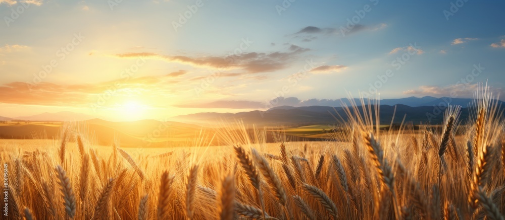 Poster field of soybeans and wheat before sunset. creative banner. copyspace image