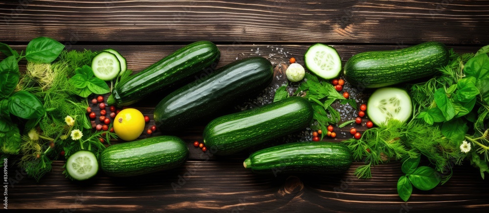 Poster raw zucchini and cucumbers with different seeds on the wooden background top view. creative banner. 