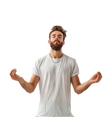 Naklejka premium Yoga and meditation concept. Concentrated relaxed man standing meditation on isolated transparent background