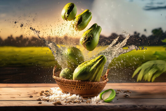 cayote in a basket, fruits on a wooden table, coutryside background