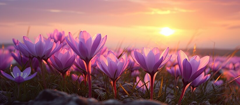 Colchicum autumnale blooming in sunset. Creative banner. Copyspace image