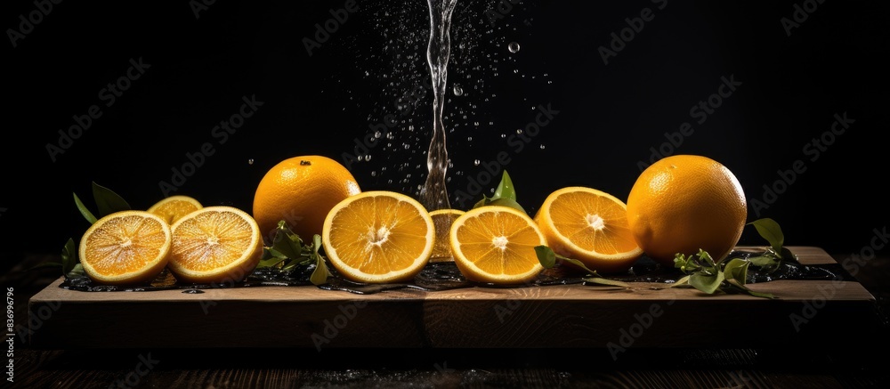 Poster homemade fresh orange juice whole and sliced orange wooden hand squeezer on a black table with drops