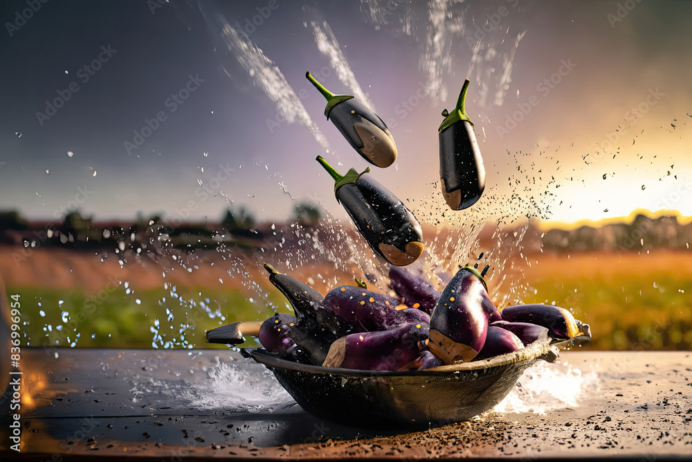 Wall mural eggplants in a basket, vegetables on a wooden table, countryside in background