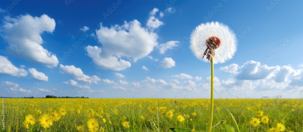 Aufkleber one yellow dandelion in meadow with blue sky and cloud. creative banner. copyspace image