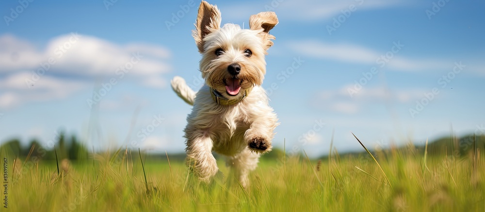 Poster west terrier dog running in the field. creative banner. copyspace image