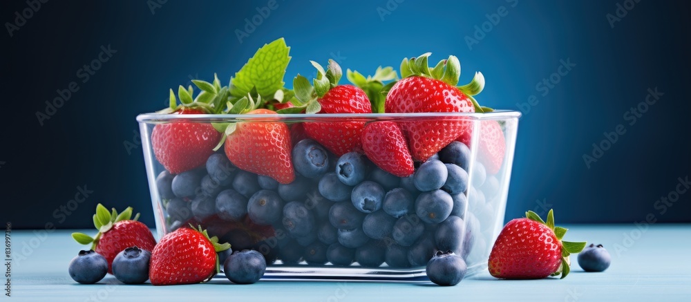 Poster blueberries and strawberries placed in a container can be used for promotional media. creative banne
