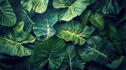 A lush collection of tropical green leaves creating a vibrant and serene natural pattern, perfect for nature-themed backgrounds and designs.