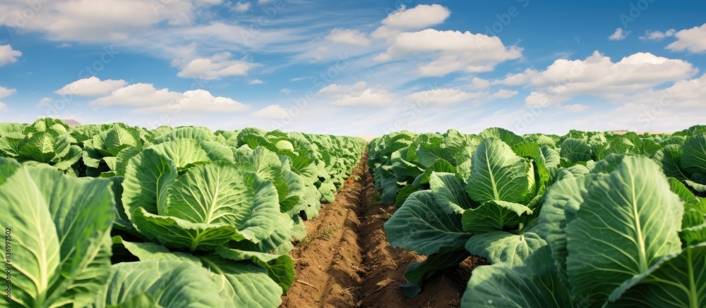 Poster green cabbage in the field. creative banner. copyspace image
