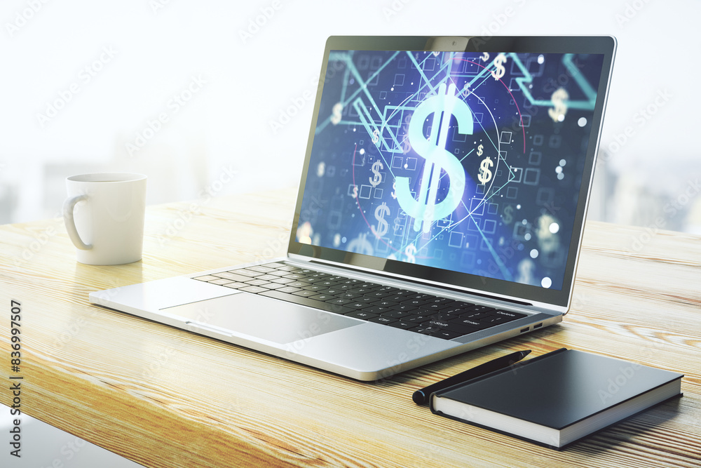 Poster modern computer monitor with creative usd symbols hologram. banking and investing concept. 3d render
