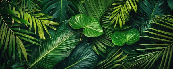 Lush tropical green leaves, creating a vibrant and natural background, ideal for nature and environment-themed projects and designs.