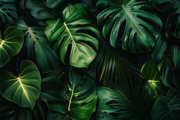 A lush collection of vibrant green Monstera leaves with dark shadows, perfect for nature, botanical, or tropical themed designs or backgrounds.
