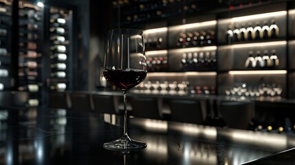A sophisticated glass of red wine on a sleek black table, with a background of a dimly lit generated by AI