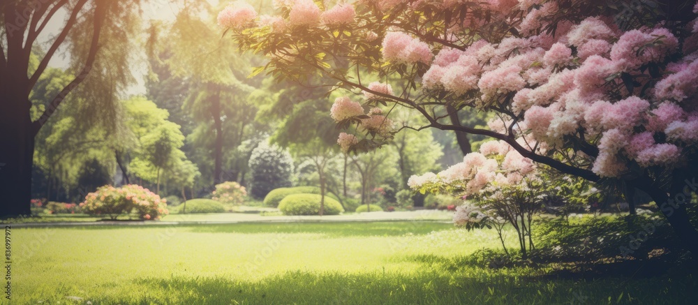 Aufkleber Beautiful blurred defocused effect bokeh on the garden trees in summer time with vintage filter. Creative banner. Copyspace image