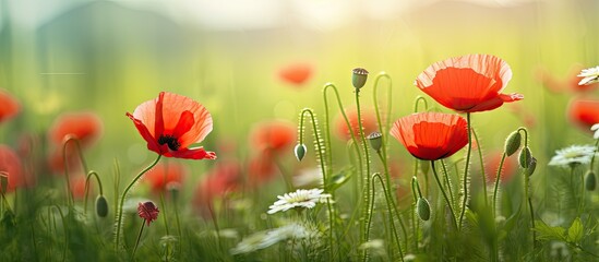 Fototapeta premium beautiful poppy flower and camomile flowers in background. Creative banner. Copyspace image