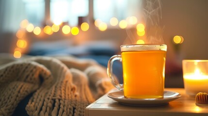 Obraz premium A steaming mug of herbal tea with honey, on a bedside table with a cozy bedroom generated by AI