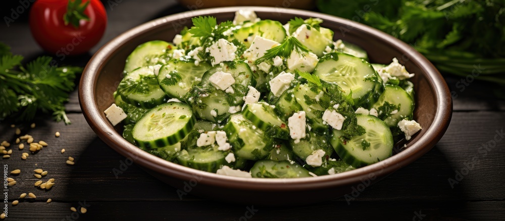Poster homemade cucumber shepards salad with feta and parsley. creative banner. copyspace image