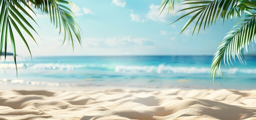 Abstract Summer Background with Golden Sand and Palm Leaves on the Beach and Blurred Sea in the Distance for Vacation Concept Banner