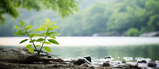 A plant in the foreground hides a small hidden beach on the river. Creative banner. Copyspace image
