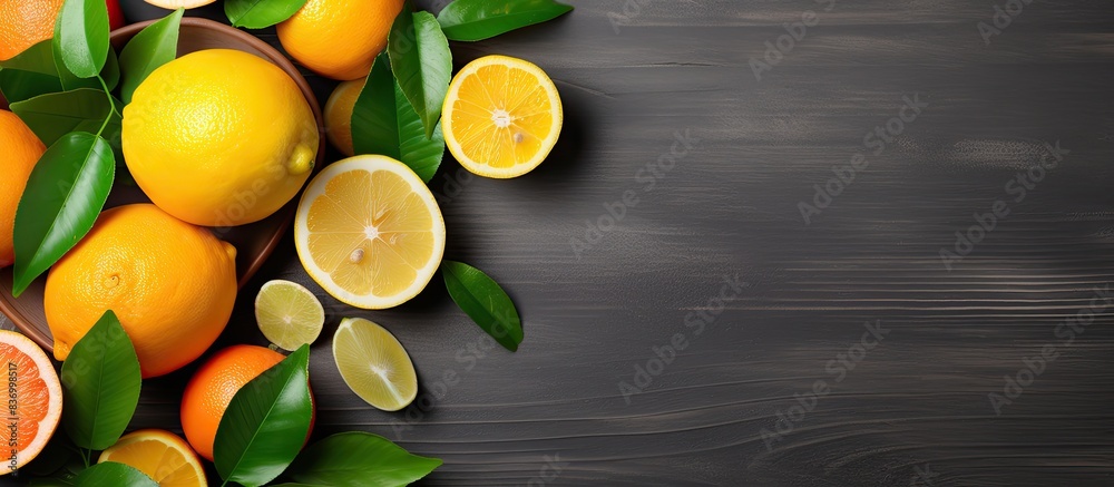 Aufkleber different fresh citrus fruits and leaves in bowl on table top view. creative banner. copyspace image