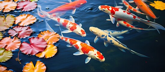 Japanese koi fish in pond. Creative banner. Copyspace image
