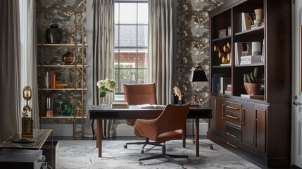 Elegant Home Office with Leather Chairs, Wooden Shelves, and Modern Decor