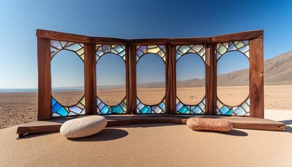 Fototapeta premium Art sculpture in the desert fantasy architecture background, AI generated