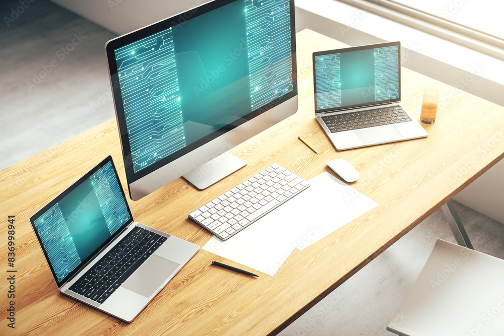 Leinwandbilder Modern computer monitor with circuit hologram. Research and development hardware concept. 3D Rendering