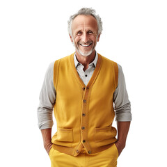Front view mid shot of a 60-year-old handsome White man dressed in a mustard yellow sweater vest and camel-colored dress trousers, smiling on a white transparent background