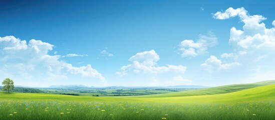 Fototapeta premium Field in nature landscape in the background sunny day. Creative banner. Copyspace image
