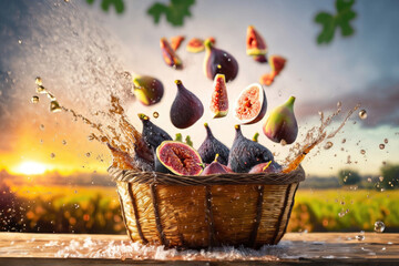 figs in a basket, fruits on a wooden table, countryside in background