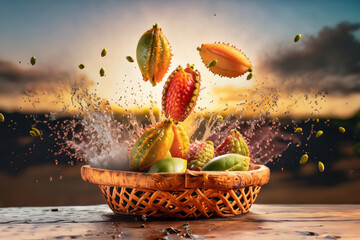 tropical fruts in a basket, fruits on a wooden table, countryside in background