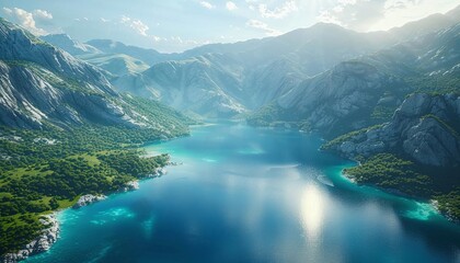 Aerial view of crystal-clear blue lake surrounded by mountains