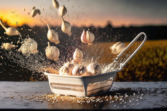 garlic in a basket, vegetables on a wooden table, countryside in background