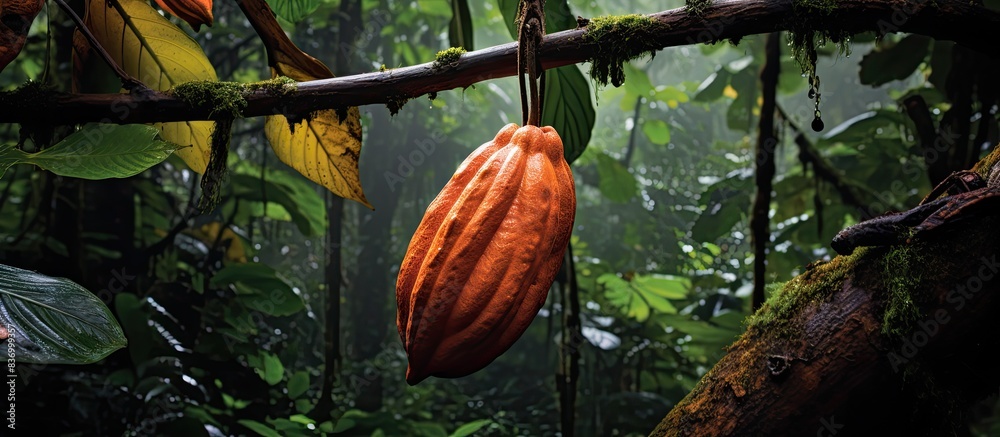 Poster a cacao pod growing on a tree in hawaii. creative banner. copyspace image