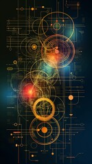 Obraz premium Abstract geometric pattern with multiple concentric circles and lines in yellow on a dark blue background