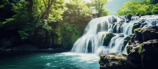 Naklejka premium Refreshing summer mountain waterfall background. Creative banner. Copyspace image