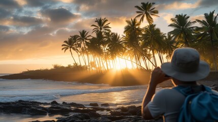 An image of a tourist watching the first rays of the morning sun break through the palm trees on the shore. --no text --ar 16:9 --quality 0.5 Job ID: 255e28ff-acc1-4fed-8b42-f5b7e92787c4