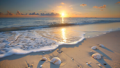 serene beach scene with sun setting over ocean, seashells scattered along shore and waves lapping at sand