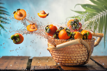 kaki fruits in a basket on the table, fresh fruit