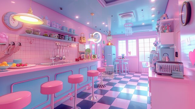 Charming pastel-themed kitchen with vibrant decor, pink and blue accents, and a playful, retro ambiance for a cheerful atmosphere.