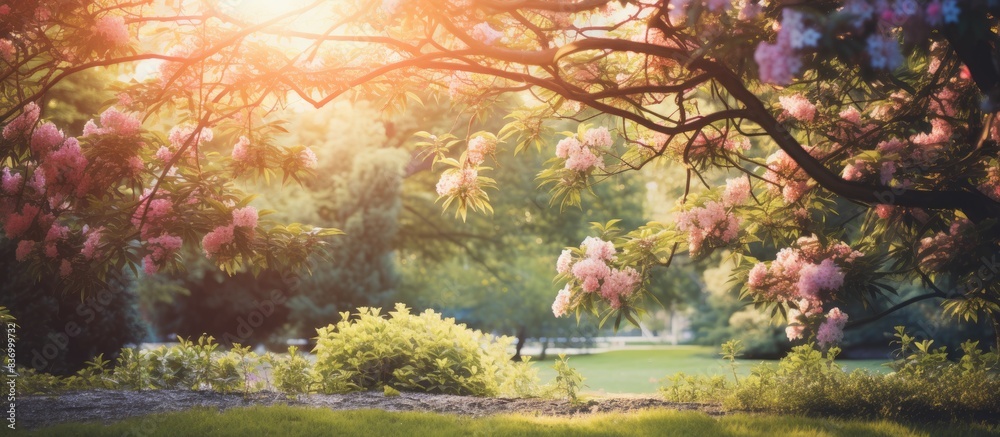 Aufkleber Beautiful blurred defocused effect bokeh on the garden trees in summer time with vintage filter. Creative banner. Copyspace image