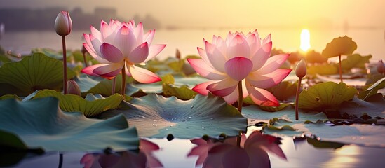lotus flower pink nature blossom water background beautiful. Creative banner. Copyspace image - Powered by Adobe