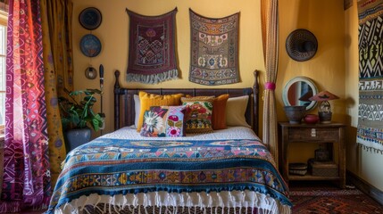 Cozy Bohemian Bedroom with Colorful Textiles and Ethnic Decor