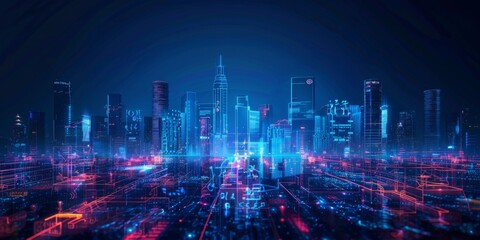 Obraz premium Futuristic blue Urban Landscape with Advanced Smart City Technology, abstract graphic, banner design, brochure, pattern design, web, background template