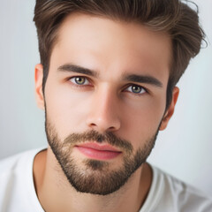 Obraz premium Closeup of a young man with striking blue eyes looking directly at the camera