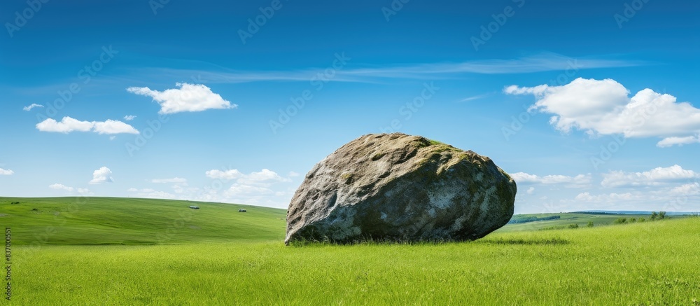 Poster big shimmering stone on a background of blue sky and green grass. creative banner. copyspace image