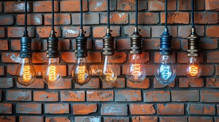 Decorative antique edison style light bulbs against brick wall background