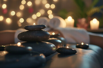 A serene spa setting featuring a person receiving a relaxing stone therapy massage with smooth, heated stones carefully placed along their back to relieve tension and promote wellness.